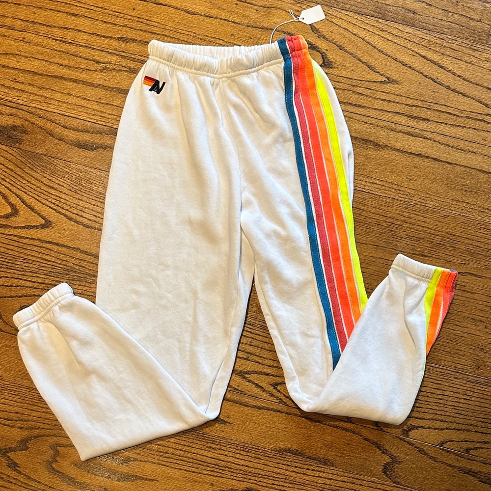 NWT! XS Aviator Nation Neon 5 Stripe Sweatpants in White